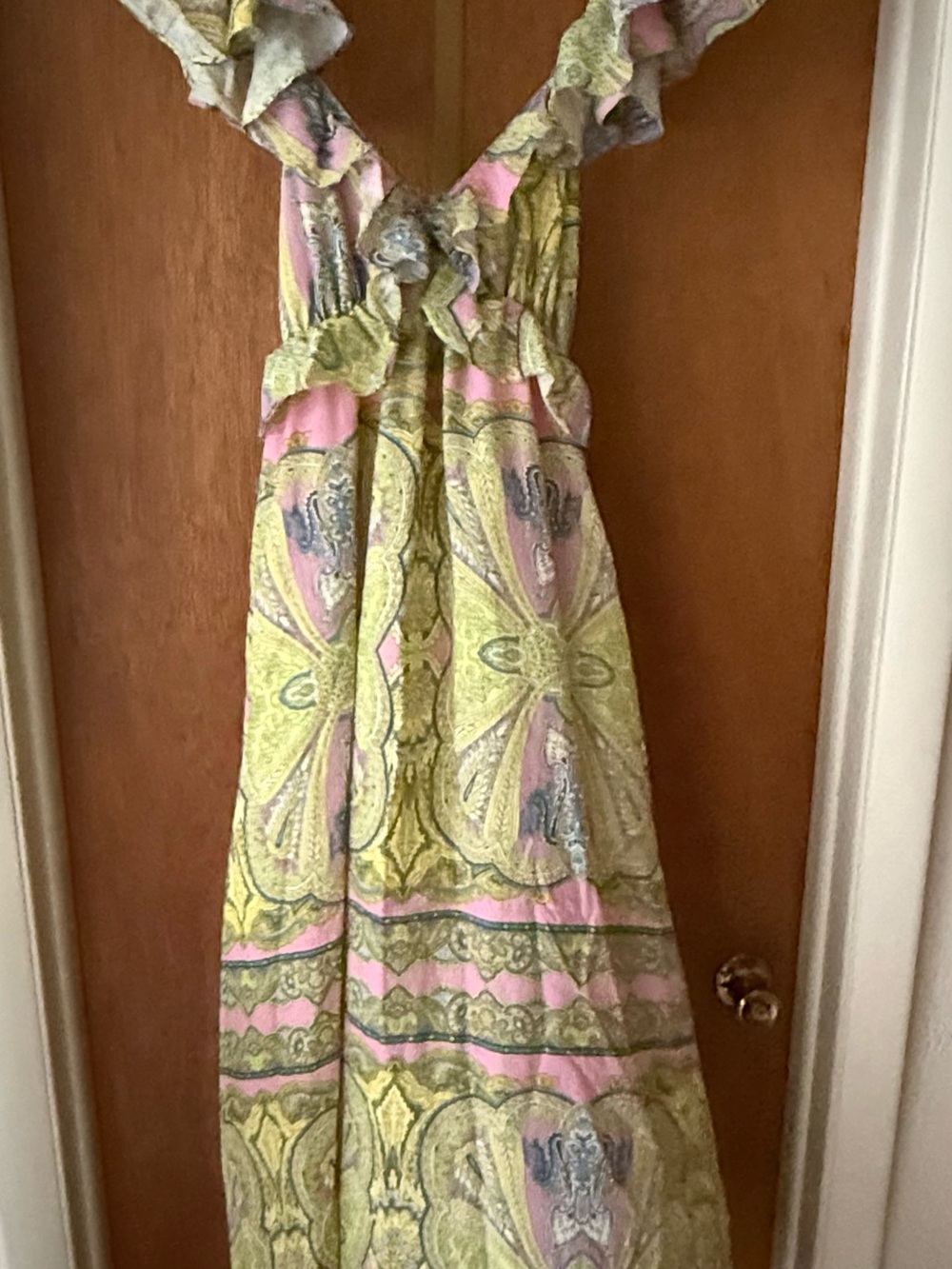 A Loves A Ruffled Pink and Yellow/Green Paisley Maxi Dress